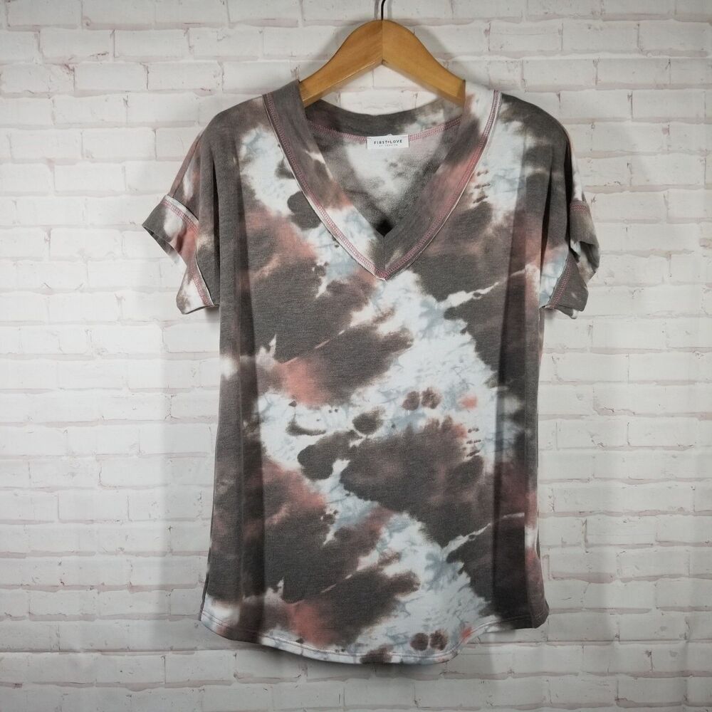 First Love Top Womens Small Tie dyed Casual Short Sleeve Multicolor Lightweight